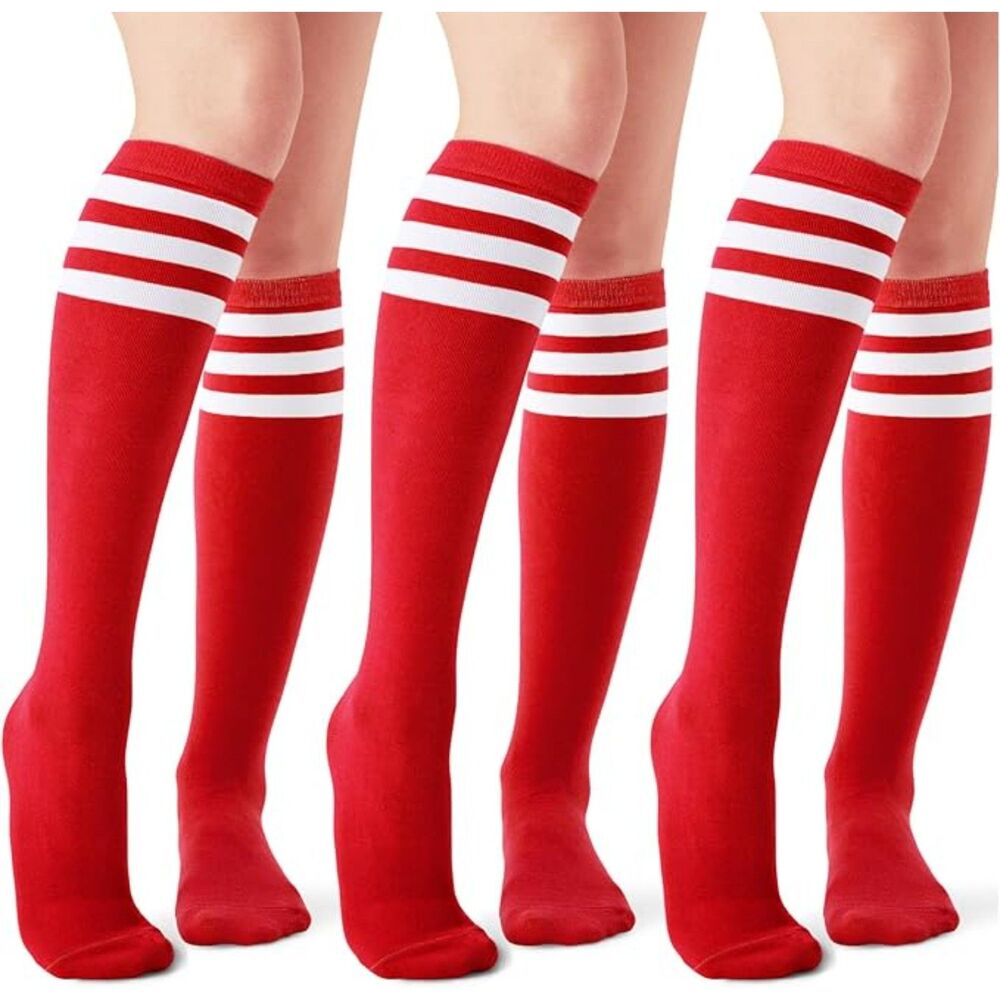 3 Pairs Women Red White Striped Knee High Socks Athletic Sports Costume 5-10